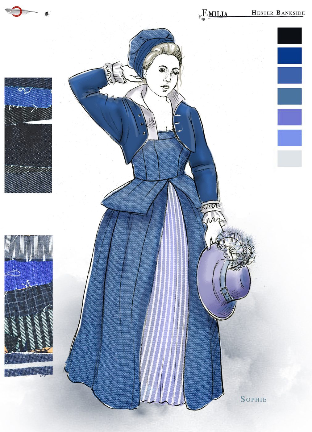 A costume sketch of a blue Elizabethan dress
