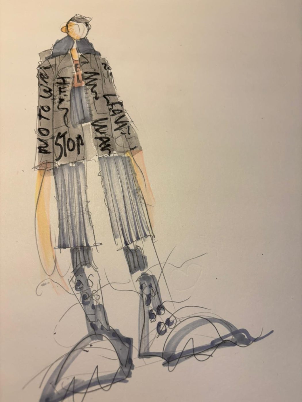 A fashion illustration of a figure wearing a grey hoodie and shorts with the words 'Stop War' scribbled on the jacket.