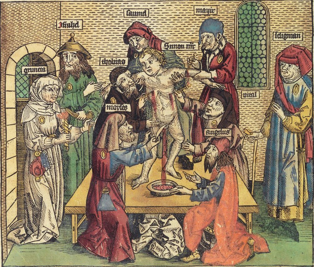 A medieval illustration of a group of men wearing brightly coloured robes attacking a young naked child.