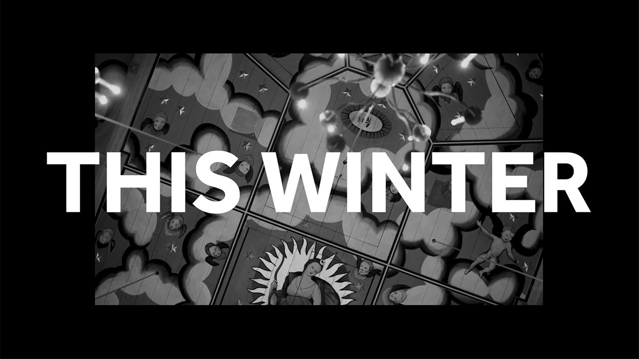 A black and white thumbnail of a video showing the painted ceiling of the Sam Wanamaker Playhouse with the text THIS WINTER in large lettering.