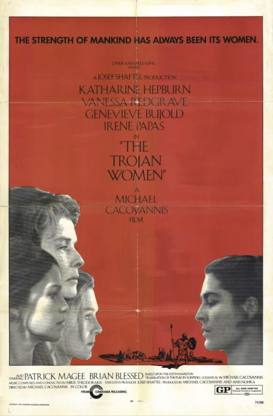 Film poster for The Trojan Women directed by Michael Cacoyannis featuring the heads of three women on the left side looking at one women on the right, all in black and white on a deep red background